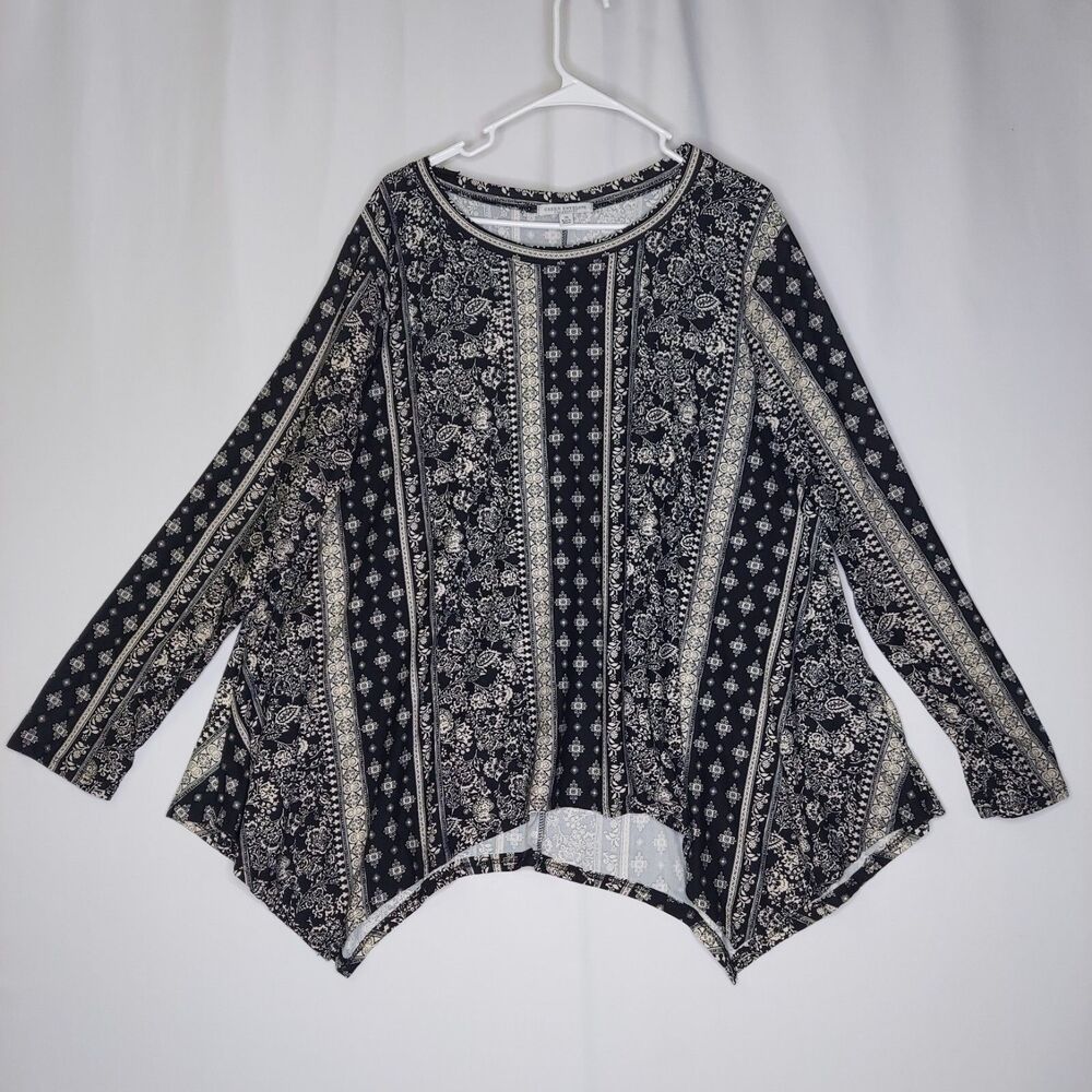 Green Envelope Top‎ Womens 3X Black Pattern Stripe Long Sleeve Asymmetric Hem